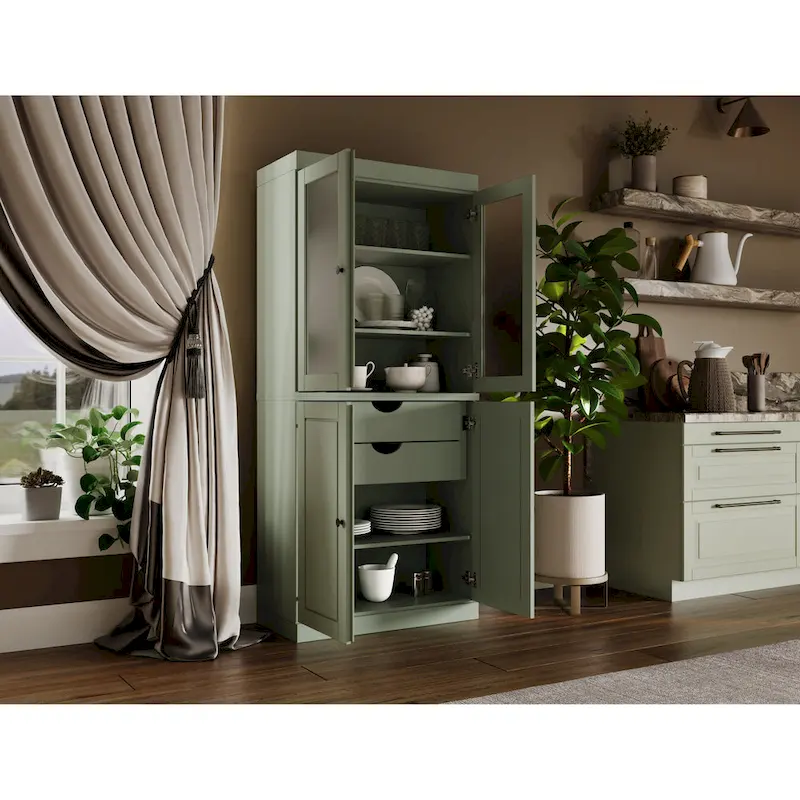 Armoire de rangement 100 % bois massif avec portes en verre dépoli, portes pleines, 2 tiroirs et étagères réglables.