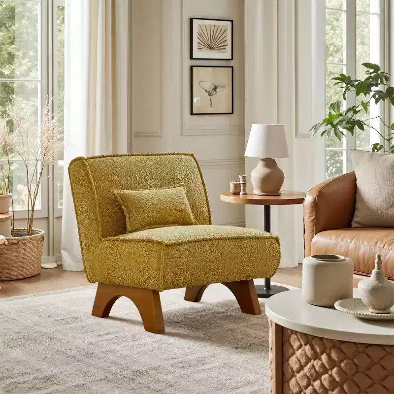 Art Leon Fabric Upholstered Accent Slipper Chair with Removable Pillow and Wood Legs