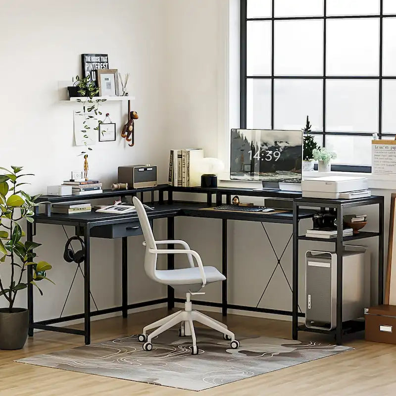 L-Shaped Desk with LED Lights & Power Outlet