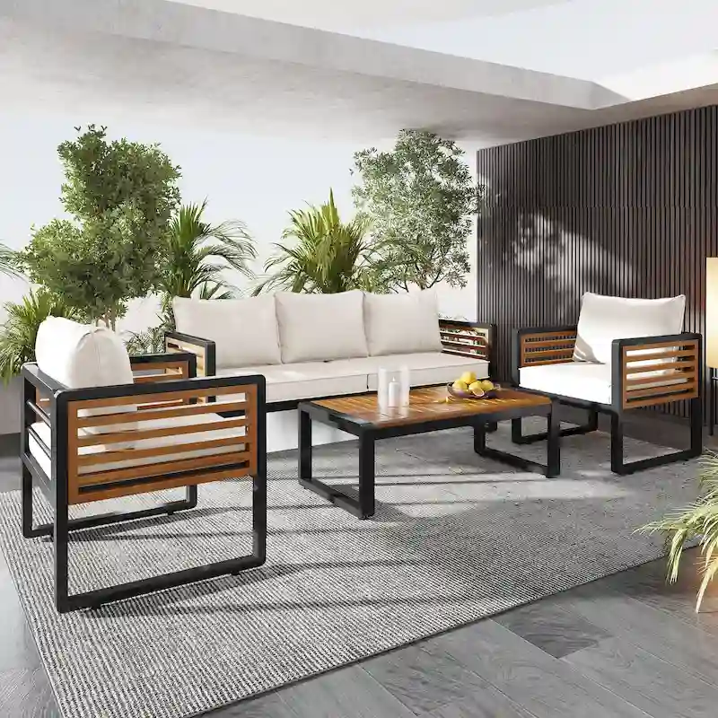 4-Piece Sofa Set, Metal and Wood Frame Sofa with Thick Cushions and Backrest, Acacia Wood Tabletop, Suitable for Outdoor Garden