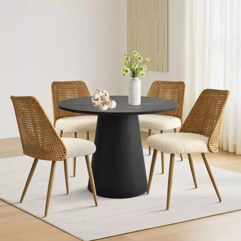 5-Piece Round Dining Set, 35 Pedestal Table and Upholstered Dining Chairs with Rattan Backs, Ideal for Dining Room-Panipeachy