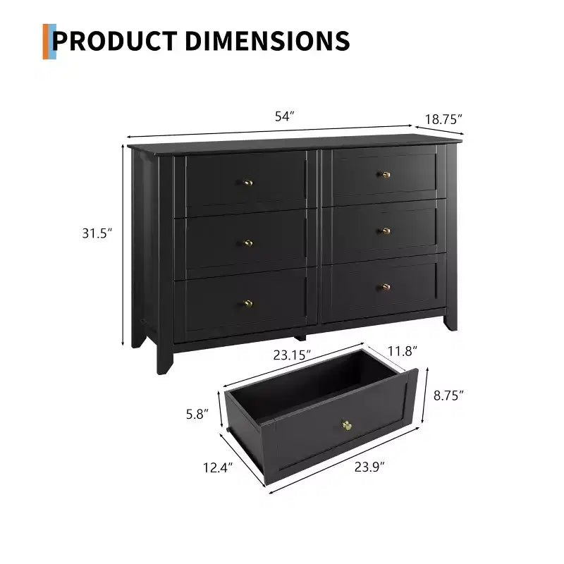 6 Drawer Dresser for Bedroom, 54W Wooden Chest of Drawers with Metal Knobs, Dresser TV Stand, Clothes Storage Organizer for Bedroom,Hallway, Black