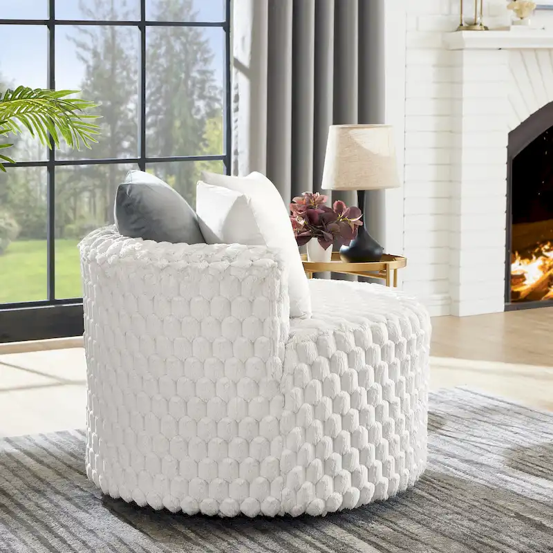 Off White 3D Upholstered Barrel Accent Chair with Wheels