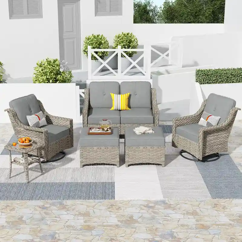 HOOOWOOO 6-piece Wicker Furniture Patio Loveseat Sofa Conversation Set with Swivel Chair