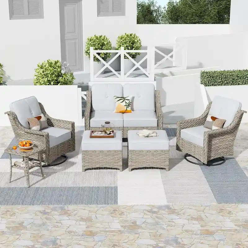 HOOOWOOO 6-piece Wicker Furniture Patio Loveseat Sofa Conversation Set with Swivel Chair