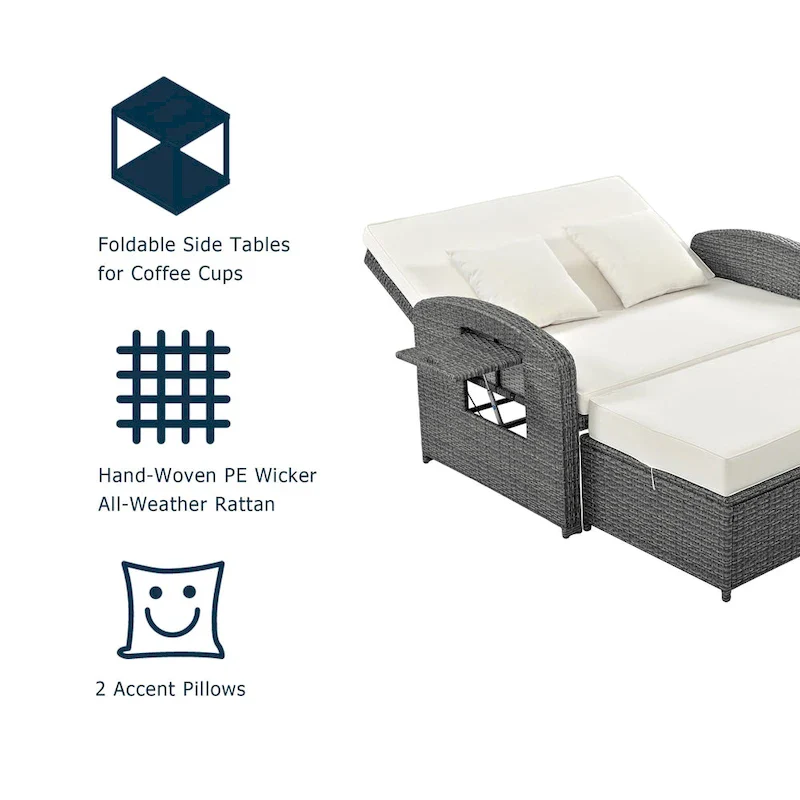 PE Wicker Rattan Double Chaise Lounge, 2-Person Reclining Daybed with Adjustable Back and Cushions, Patio Sun Lounger