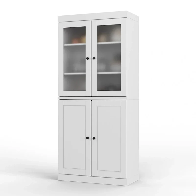 Armoire de rangement 100 % bois massif avec portes en verre dépoli, portes pleines, 2 tiroirs et étagères réglables.