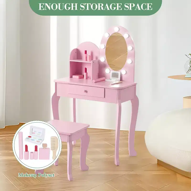 Kids Princess Vanity Set, Little Girl Pretend Play Make Up Vanity Table and Stool with Lighted Mirror, Makeup Playset, Storage Drawer