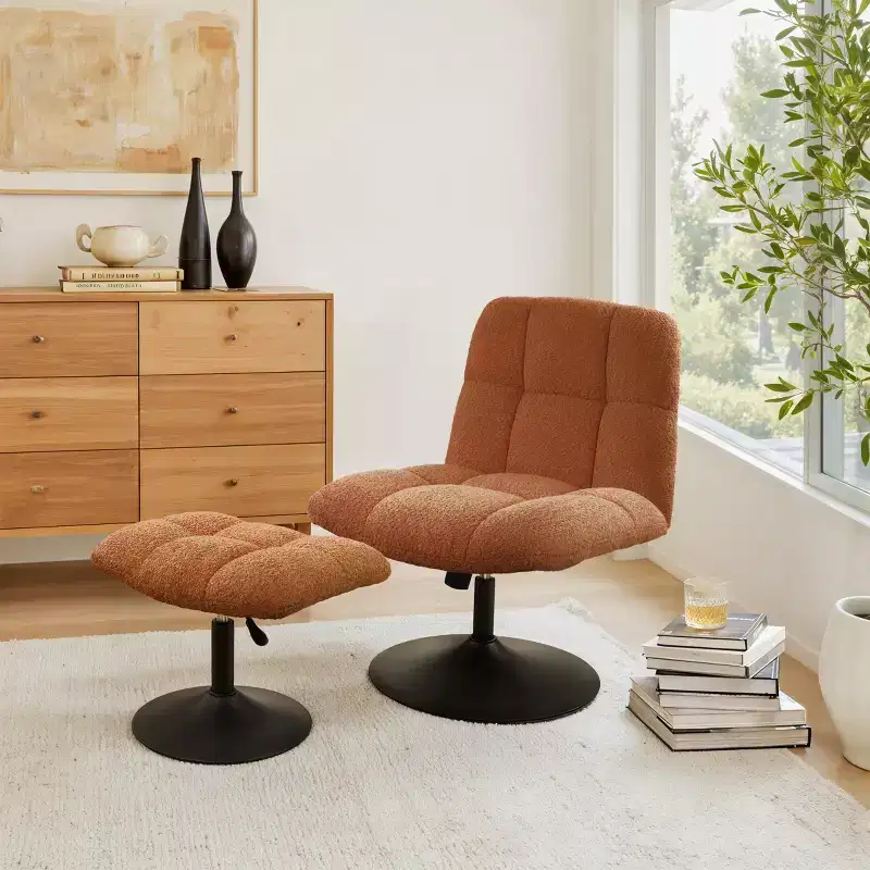 Art Leon Leisure Linen Fabric Swivel Accent Chair with Ottoman, Wood and Metal Frame