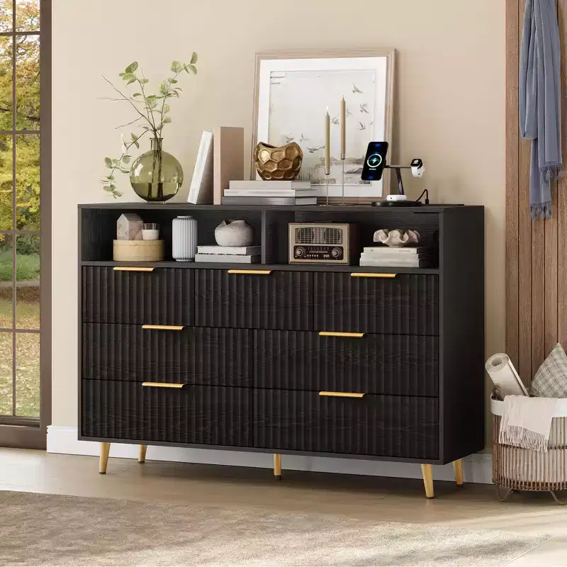 54-Inch Wide Fluted 7 Drawer Dresser, Modern Chest of Drawers with LED Lights and Charging Station, Gold Handles, Open Shelf Storage
