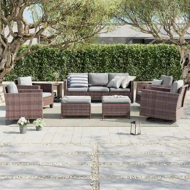LIVOOSUN 8Pcs Patio Rocking Swivel Chair Sectional Brown Wicker Ottoman Sofa Set