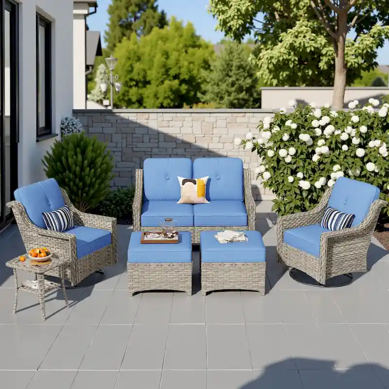 HOOOWOOO 6-piece Wicker Furniture Patio Loveseat Sofa Conversation Set with Swivel Chair