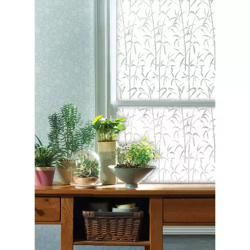 Set of 2 (27"x158") Fablon Bamboo Window Film Set White: Privacy Adhesive for Glass, Botanical Pattern, Vinyl Material