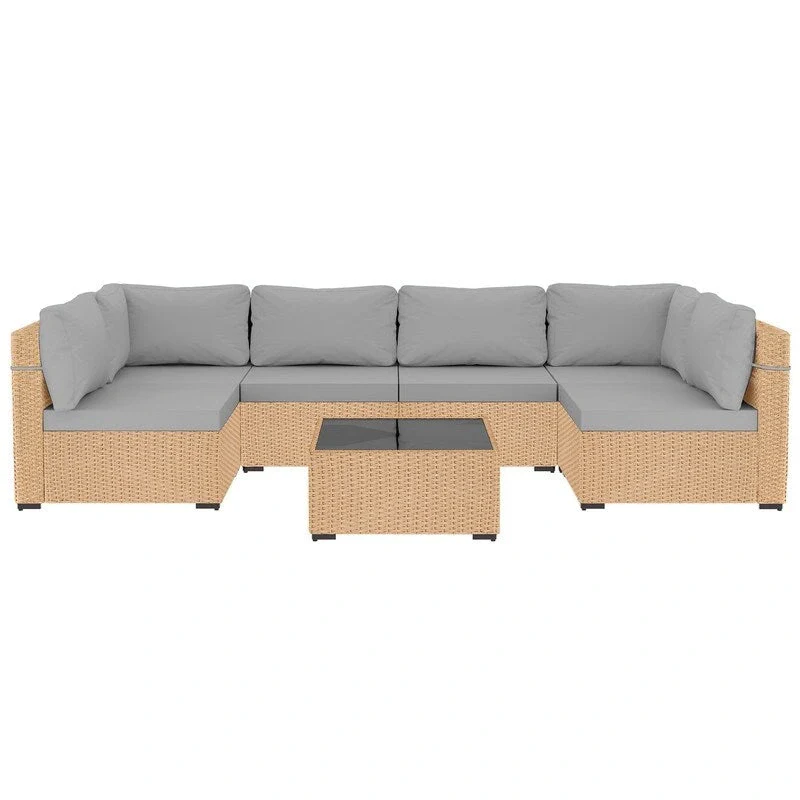 Patio Watcher 7-Piece Patio Yellow Wicker Sectional Seating Group with Cusions and Side Table