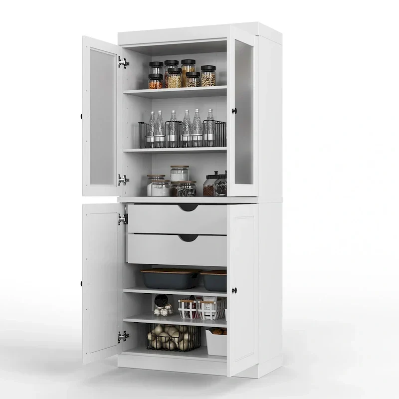 Armoire de rangement 100 % bois massif avec portes en verre dépoli, portes pleines, 2 tiroirs et étagères réglables.