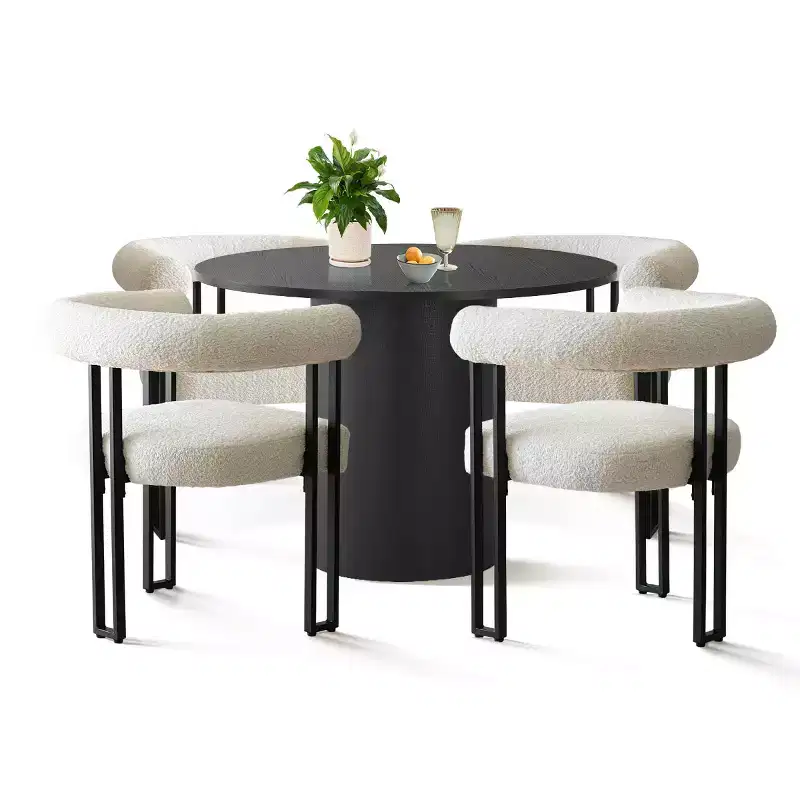 Modern 5-Piece Round Black Dining Table Set, Pedestal Table with 4 Boucle Upholstered Dining Chairs for Kitchen or Apartment-Panipeachy