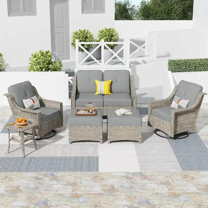 HOOOWOOO 6-piece Wicker Furniture Patio Loveseat Sofa Conversation Set with Swivel Chair