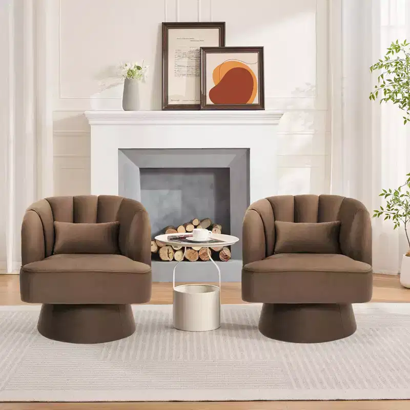 Modern Swivel Barrel Accent Chair, 360 Degree Velvet Upholstered Armchair with Striped Backrest & Plush Padding, Comfy Round Lounge Chair 2 PCS