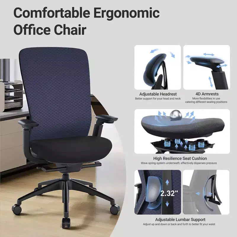 Ergonomic Office Desk Chair,High Back Office Chair with Mesh Back and Adjustable Lumbar Support-DarkBlue