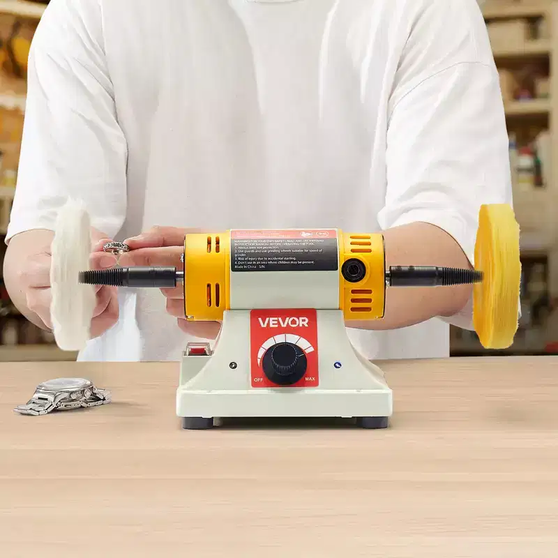 VEVOR Bench Buffer Polisher, 1/2HP, 0 to 8000RPM,with 2PCS 4 Cotton Wheel, 3PCS 3 Abrasive Fiber Wheels & Polishing Compound, Yellow+White