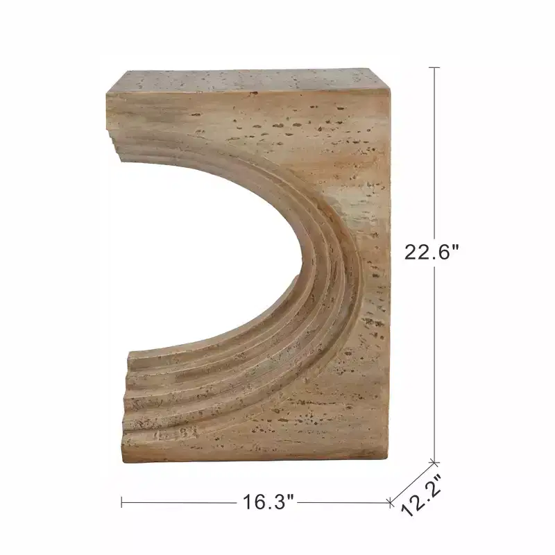 GDFStudio Taehyung Modern Lightweight Concrete Sculptural Arched Side Table with Faux Travertine Finish