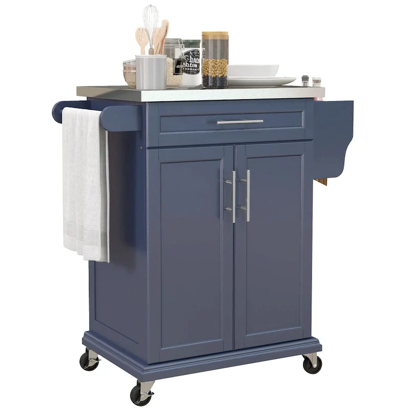 Kitchen Island on Wheels, Rolling Kitchen Cart with Stainless Steel Countertop, Drawer, Gray