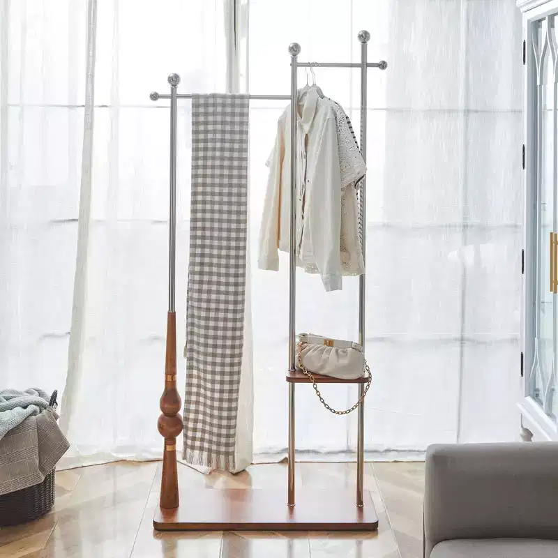 Hall Tree with Wooden Shelves and Stainless Steel Frame, Industrial Coat Rack with Elegant Design, Coat Tree for Living Room, Bedroom, Silver