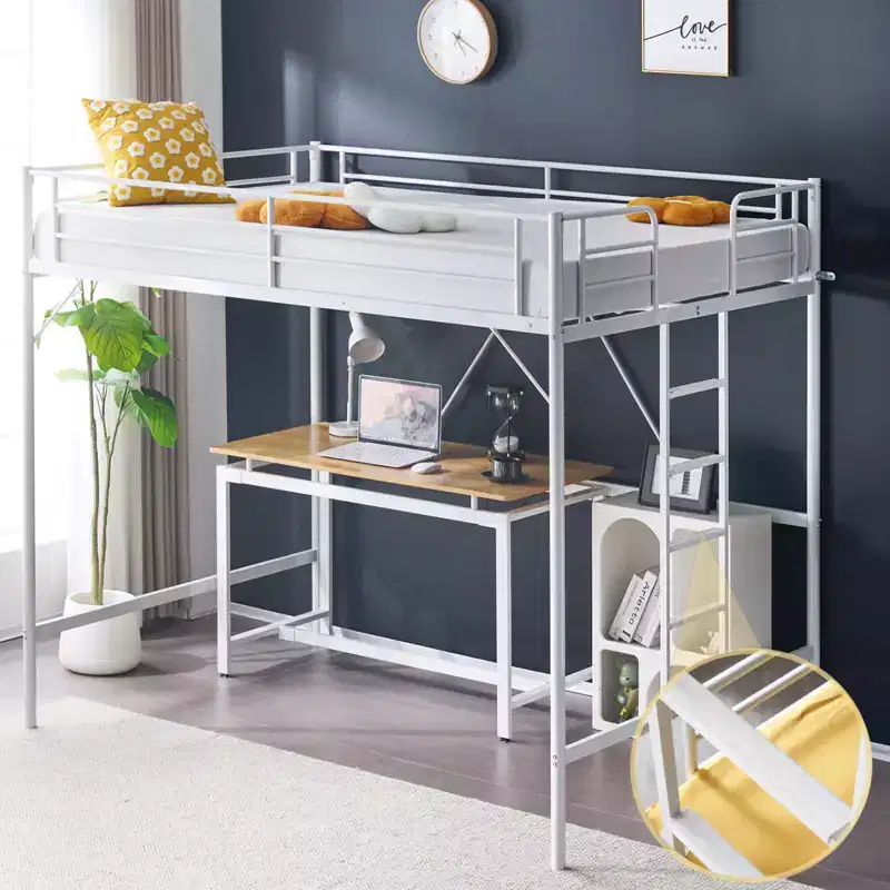 Full Metal Loft Bed for Kids with Stairs/Flat Ladder, No Box Spring Required, White