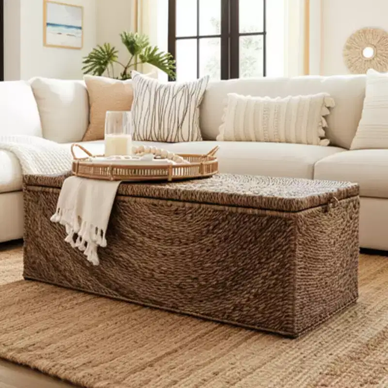 Natural Woven Storage Bench for Bedroom Decor - Stylish Ottoman Bench with Hidden Compartment for Blankets in Living Room - 19, Brown & Tan