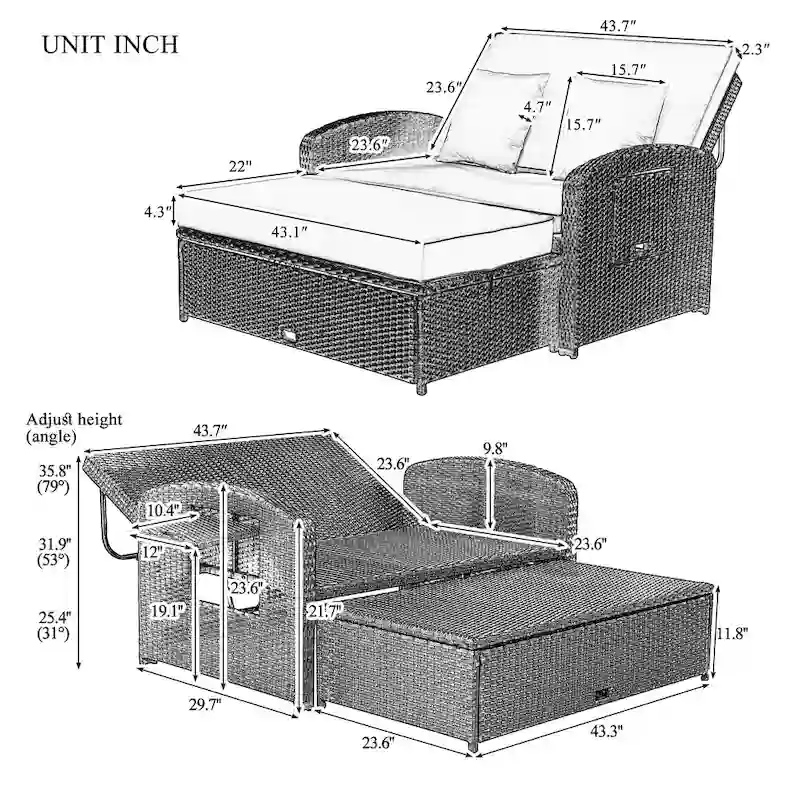 PE Wicker Rattan Double Chaise Lounge, 2-Person Reclining Daybed with Adjustable Back and Cushions, Patio Sun Lounger