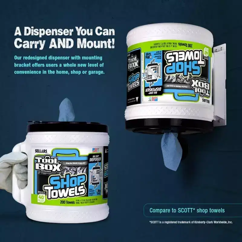 TOOLBOX Shop Towels with Big Grip Dispenser Bucket  10 x 12, Recycled Fiber Towels, 200 Sheets