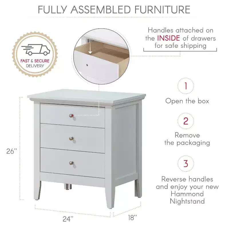 Passion Furniture Hammond 3-Drawer White Nightstand (26 in. H x 24 in. W x 18 in. D)