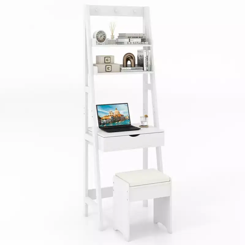 Costway Vanity Desk w/ Flip-up Mirror and Stool w/ 3-Color Lighting 6 Compartments