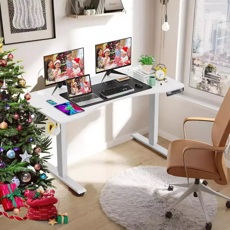 HOMDOX Elec-Standing Computer Desk Adjustable Height 63  24 Ergonomically Curved Desktop with Outlet Lockable Casters Lifting Range 27''-46''