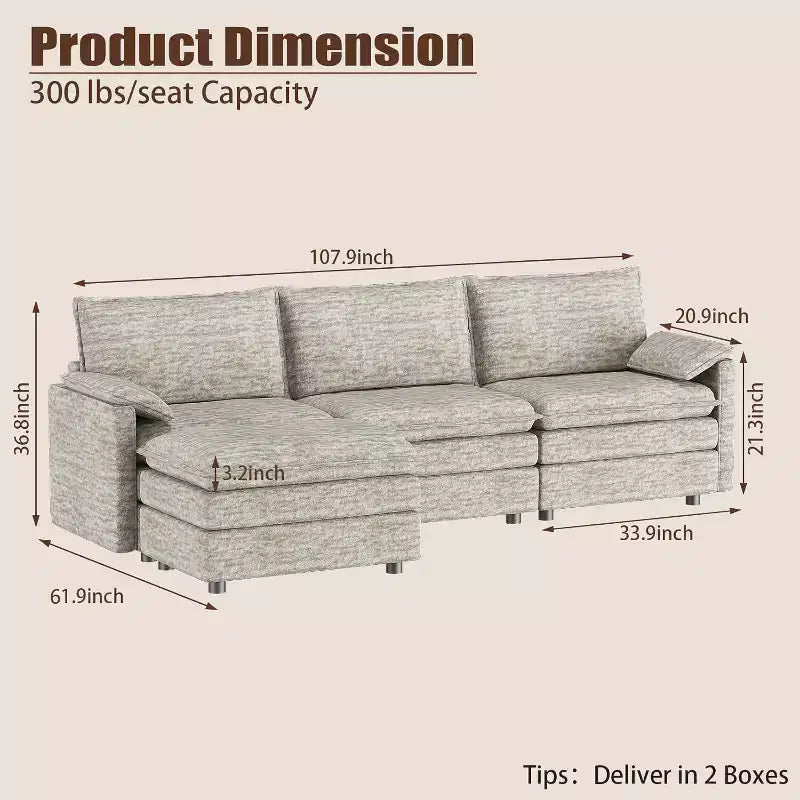 108 Modular Sectional Cloud Couch, Modern Chenille L Shaped Modular Sofa, Sectional Sofa for Apartment