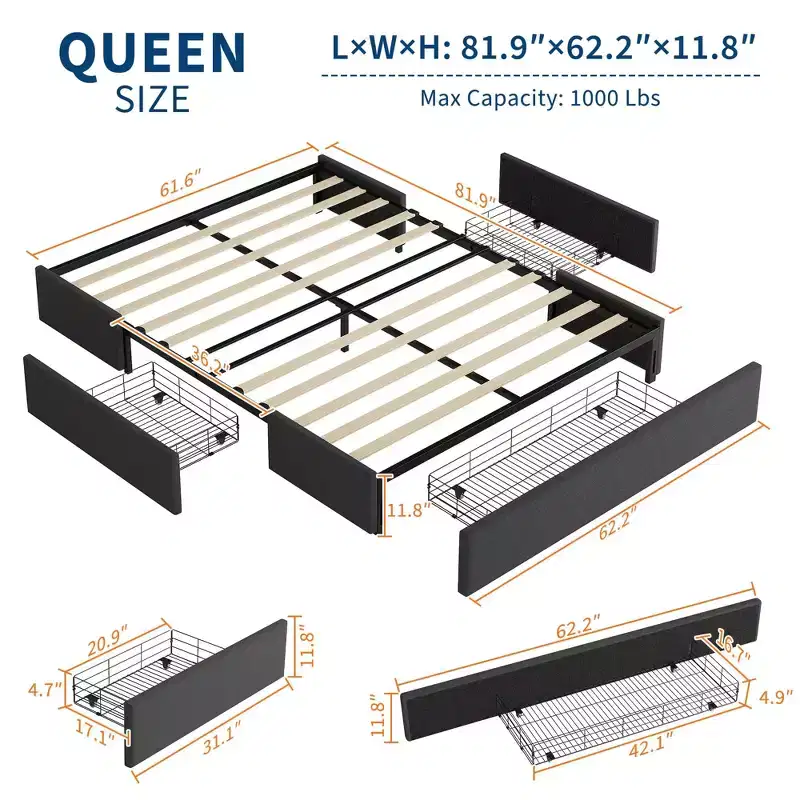 1 Wood Board + Linen Soft Pack Bed Frame with No Headboard and 3 Drawers, Wood Bed Frame