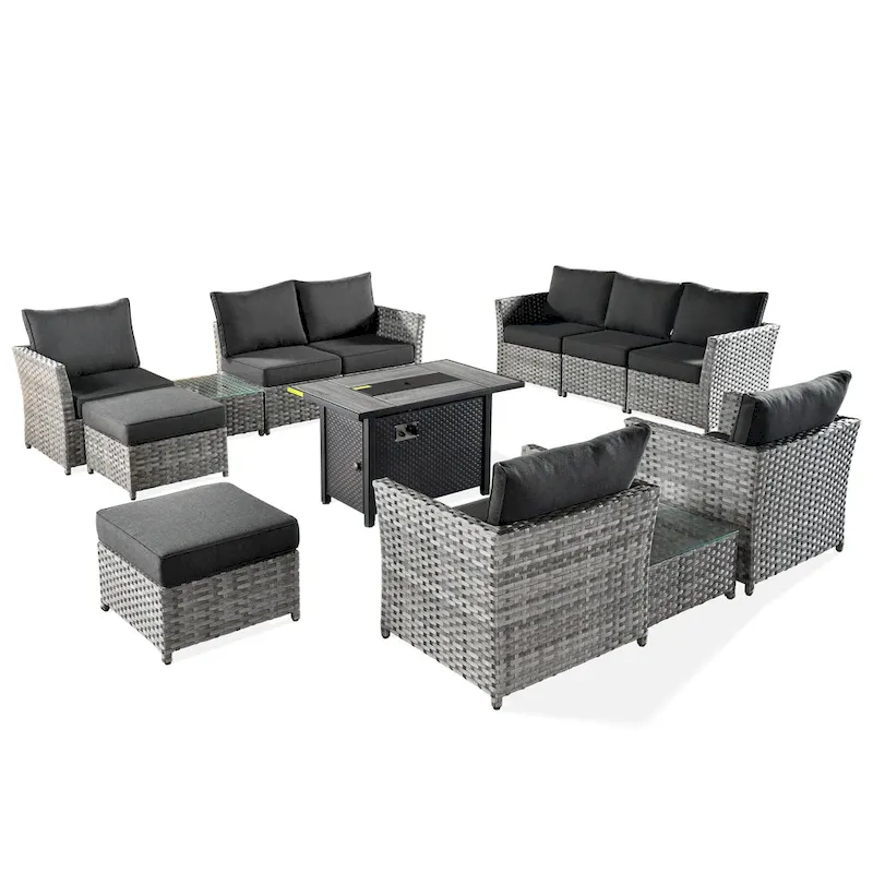 HOOOWOOO 13-piece Wicker Rattan Patio Sectional Conversation Set with Fire Pit