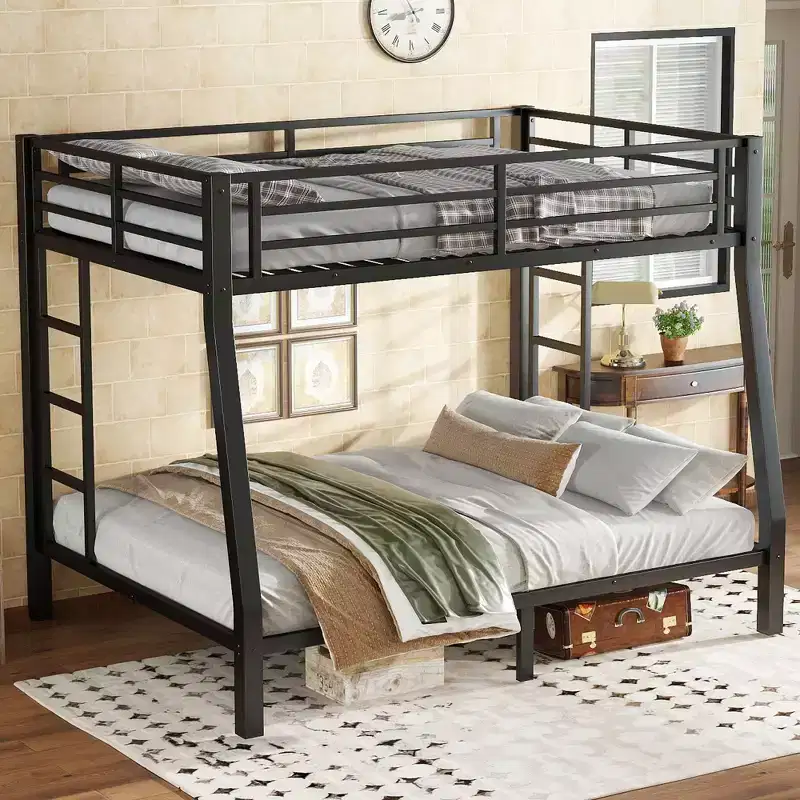 Metal Full XL over Queen Bunk Bed for Teens and AdultsSpace-Saving/Noise Reduced/No Box Spring NeededBlack