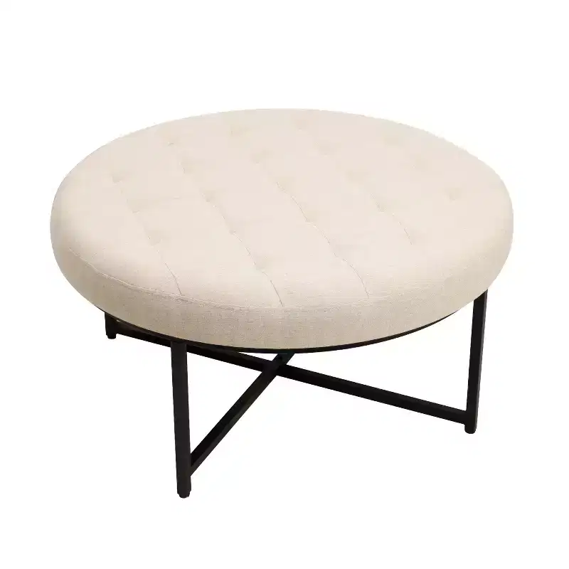 34 Round Cotton Linen Tufted Ottoman with Metal Frame