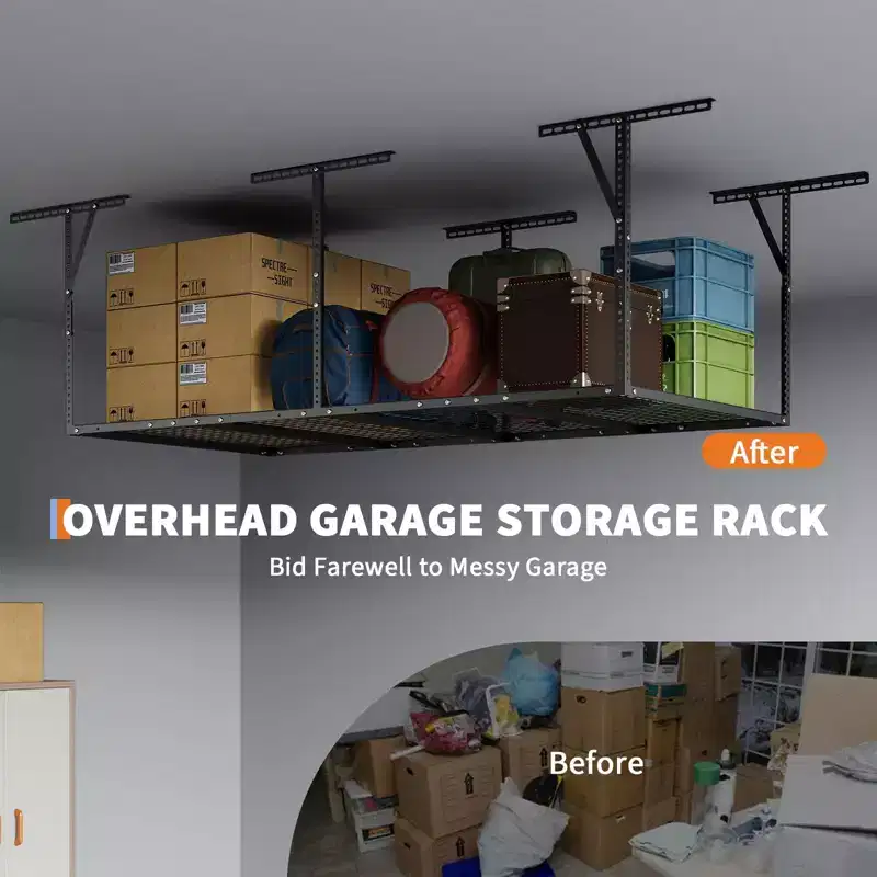Steel Ceiling-Mounted Overhead Garage Storage Rack 96''D x 48''W Adjustable Height