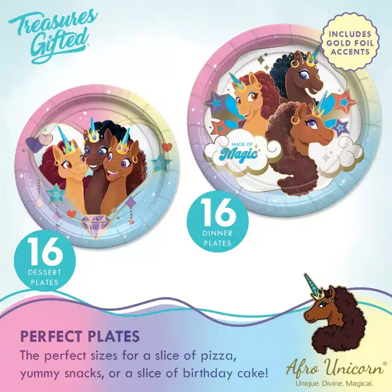 Treasures Gifted Afro Unicorn Party Supplies - Complete Set for 16 Guests - Plates, Tablecloth, Banner, Balloons & Napkins
