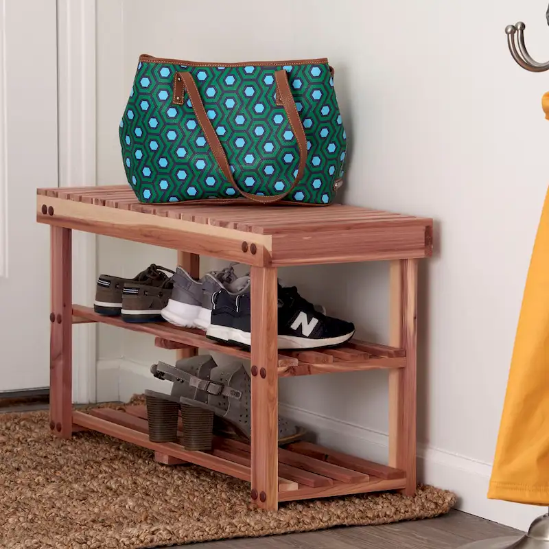 2-Tier Natural Cedar Wood Shoe Rack and Seat Bench for Entryway