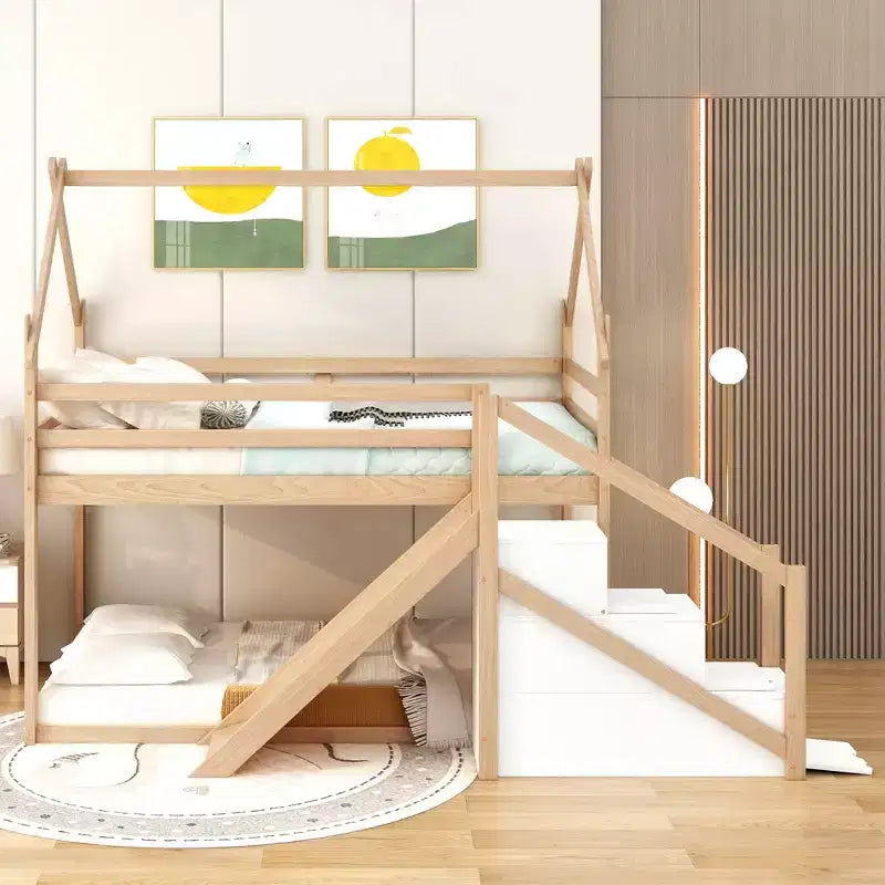 Whisen Twin over Twin Kids' House Bunk Bed with Slide, Stairs & Storage - Solid Pine & MDF, Space-Saving Fun