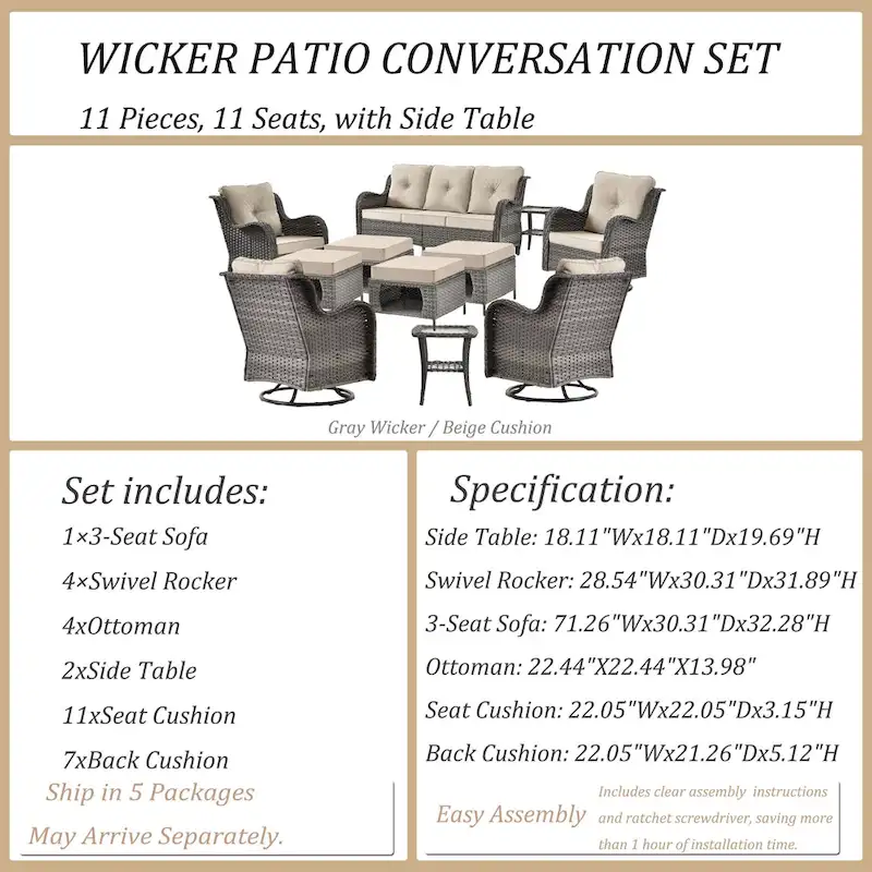 Patio Furniture-11 Piece Wicker Patio Furniture Set with Swivel Chairs