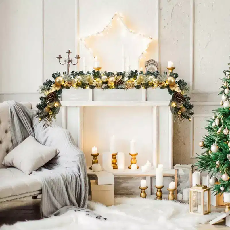 Christmas Garland with Golden Ornaments, Bow & Pinecones - Ready-to-Decorate Artificial Pine Garland