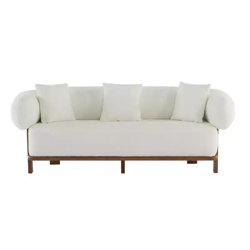 Christopher Knight Home Tadg 82 Rubberwood Boucle Upholstered 3 Seater Curved Sofa with 3 Pillows and Round Arm