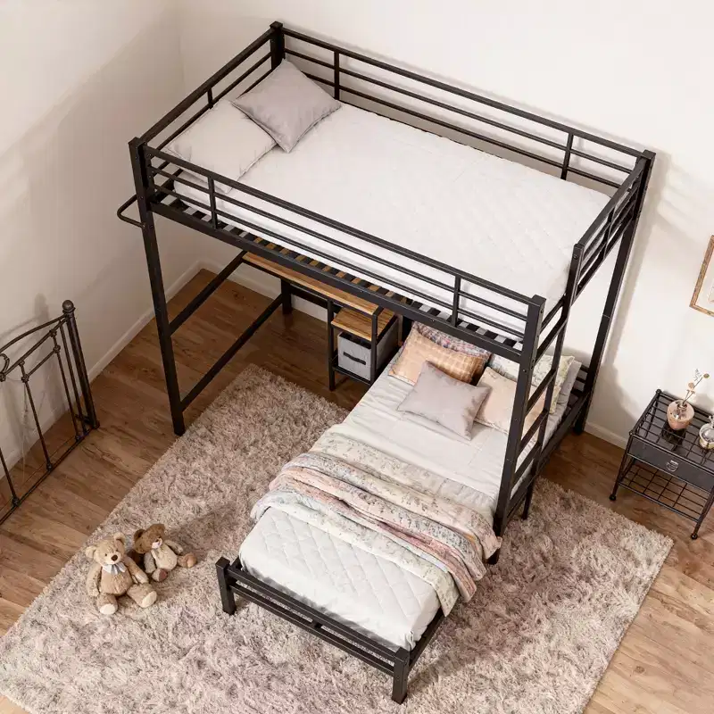 GDFStudio Benson Modern Metal Twin Over Twin L-Shaped Bunk Bed with Desk Station and Drawers