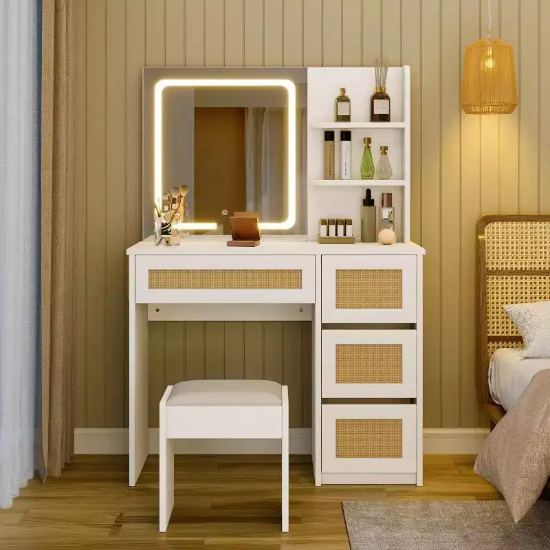 White Rattan Vanity Desk with Adjustable LED Mirror Light, 4 Drawers & 2 Open Shelves, Spacious Makeup Table for Bedroom