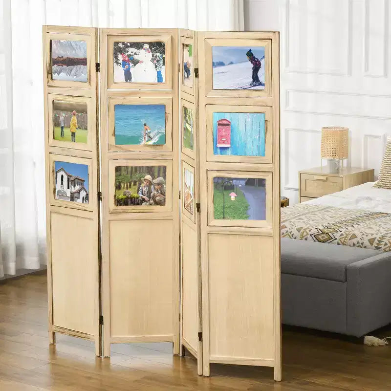 HOMCOM 5.6ft Tall Wood 4 Panel Room Divider Folding Privacy Screens w/ Photo Frames, Natural