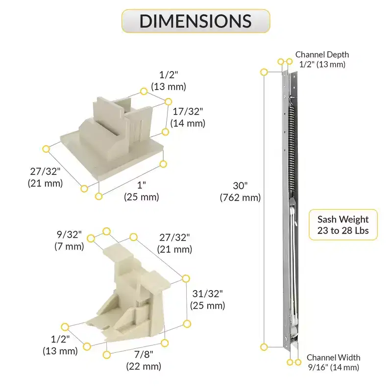 Brixwell Aluminium Window Channel Balance 30 Length, 23 to 28 lbs Sash Weight With Top Sash Guide 27/32 Width, Bottom Guide 27/32 Width
